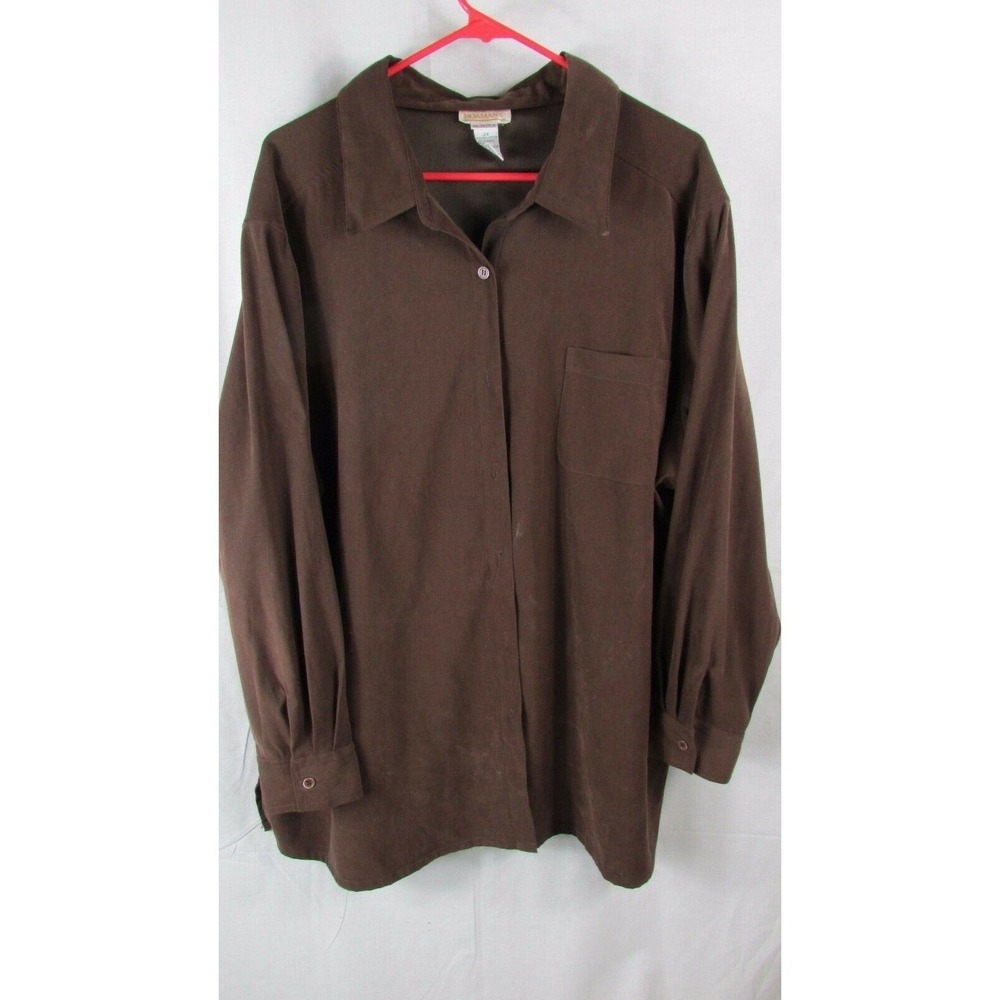 Roman's 2X brown long sleeve button front suede feel casual shirt vintage FLAW‎